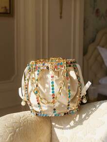 奢华女士纯色钻石晚宴包，精致金属灯笼造型手提包，完美适用于晚宴和派对，可搭配日常装、正装、舞会礼服、生日礼服。 - 彩色 - 查看 8