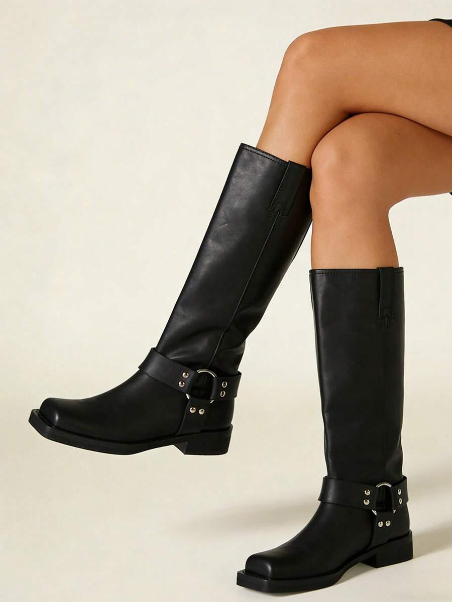 Women's Knee High Boots Slip On Riding Boots, Buckle Boots For Women, Sexy Squared Toe Low Chunky Heel Tall Motorcycle Boots Dance Party Booties - Black - View 1