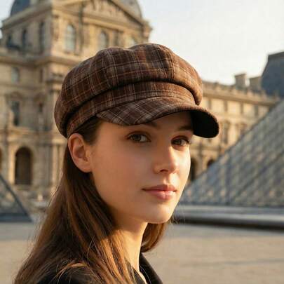 1pc Women's Casual Plaid Octagonal Hat, Fashionable Versatile Retro Beret Black Beret Hat