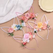 1pc Boho Style Rabbit Ear & Flower Headband | Cute Pink Bow Plush Headband, Suitable For Easter And Parties, Mixed Knit Fabric - Multicolor - View 8