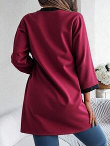 Women Half Sleeve Knitted Kimono With Contrast Binding And Midi Length Regular Hem - Burgundy - View 2