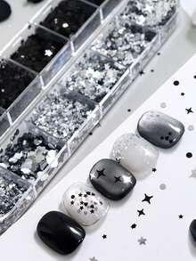 Y2K Tiny Star Nail Seqiuns Silvery Black Heart Manicure Charms Kawaii Korean Nails Art Accessories Valentines DIY Nail Decorations - Multicolor - View 3