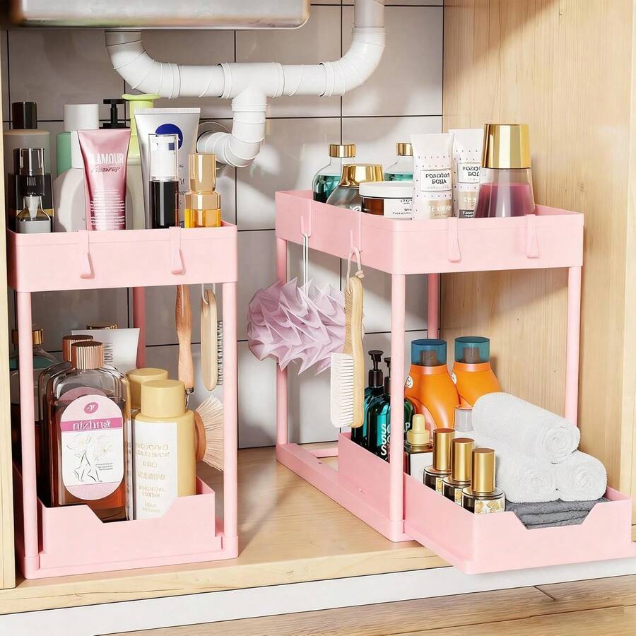 Euuztu Under Sink Organizer 2 Pack, Sink Pull-Out Sliding Storage Cabinet, 2-Tier Under Shelf Organizer Kitchen Bathroom, Pink - Hồng - Xem 1