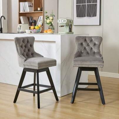 Velvet Swivel Bar Stools With Button Tufting, Wooden Legs And Chrome Stud Trim, Casual Style, Set Of 2 (Grey), DE1860GY