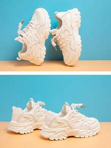 ‌Zapatillas blancas de malla transpirable, suela blanda, para niños y niñas, con suela gruesa, ideales para todas las estaciones.‌ - Beis - Ver 4