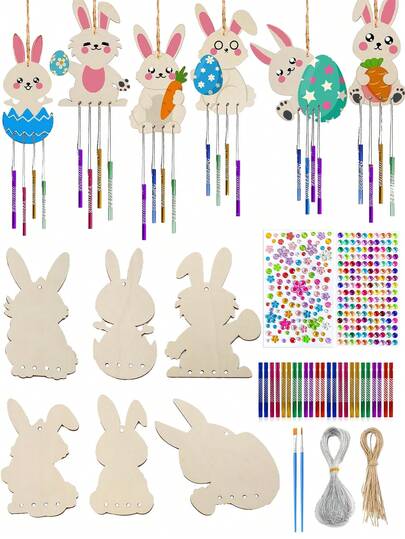 6/12pcs Wooden Easter Bunny Set, Home Decor, Painting Supplies, Easter Bunny Wind Chime Set, Wooden Easter Bunny Wind Chime Decorations, Colorful Wooden Easter Crafts, Wooden Easter Hanging Bunny Wind Chimes, Holiday Gifts, New Year, Easter, Thanksgiving, Valentine's Day, Birthday, Wedding Party Decor, Outdoor Decor, Easter Gifts