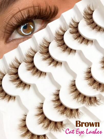 Rikuaild 7 par återanvändbara fluffiga bruna lösögonfransar, tecknad stil, transparenta fransband, naturligt utseende, korsvis lockiga kattögonfransar med rävögeeffekt, lätta fuskminkfransar, sminknyttiga produkter
