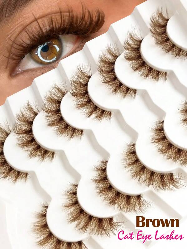 Rikuaild 7 Pairs Reusable Fluffy Brown False Eyelashes, Cartoon Style, Transparent Lash Bands, Natural Look, Criss-Cross Curly Cat Eye Fox Eye Effect, Lightweight Faux Mink Lashes, Makeup Essential