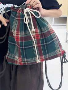 返校季格子抽绳背包，大容量可折叠休闲通勤包，适合大学生，简约日常时尚 - 彩色 - 查看 3