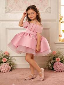 XUMPLO Young Girl' Cute Spaghetti Strap 3D Bow Layered Tulle Party Dress, Flower Girl Dress, Puff Skirt, Wedding, Birthday Party, Photo Shoot, Spring/Summer - Pink - View 4