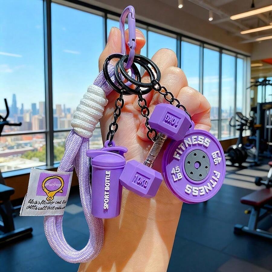 4-Piece Personalized Sport-Style Barbell And Dumbbell Keychains. Handcrafted Fitness Keychain Set, Fashionable And Versatile Fitness Kettlebell Backpack Hanger Featuring Braided Rope, Barbell, Dumbbell, Water Bottle, Keychain. Suitable For Both Men And Women As A Couple Keychain, Essential For Fitness Enthusiasts, And The Best Gift Choice For Various Occasions. - Bộ 4 móc khóa màu tím - Xem 1