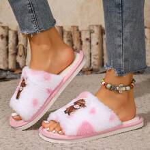 秋冬季奶牛纹毛绒保暖拖鞋 - 可爱的高地小牛皮贴片设计，温暖的毛绒室内鞋，EVA鞋底，柔软舒适，可爱的欧美风格，绝佳的圣诞礼物