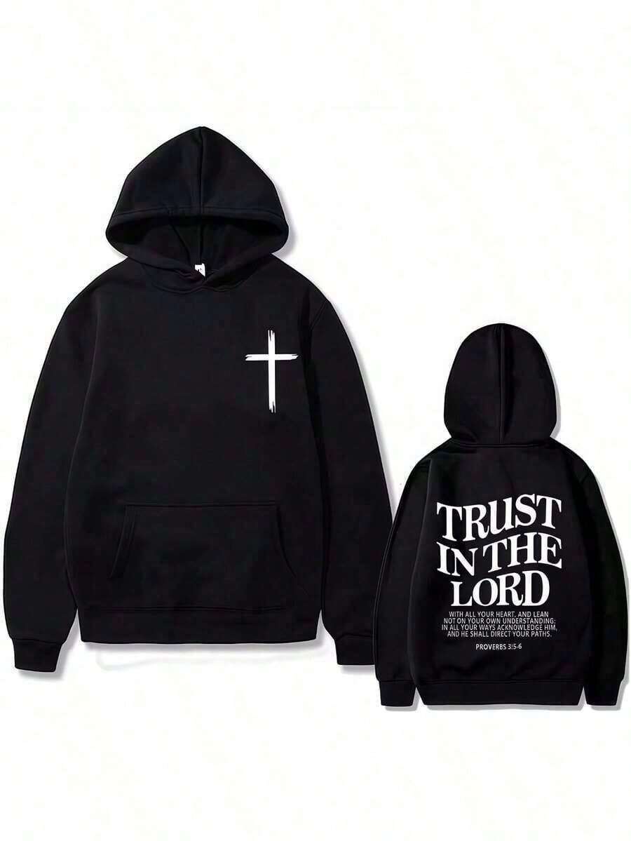 Christian Jesus Trust In The Lord Bible Verse Art Aesthetic Print Hoodie Men Women Fashion Casual Pul Male Vintage Hoodies Sweatshirts For Women Hoodies For Men Black Hoodie For Women Men's Hoodie Sweatshirts For Men - màu đen - Xem 1
