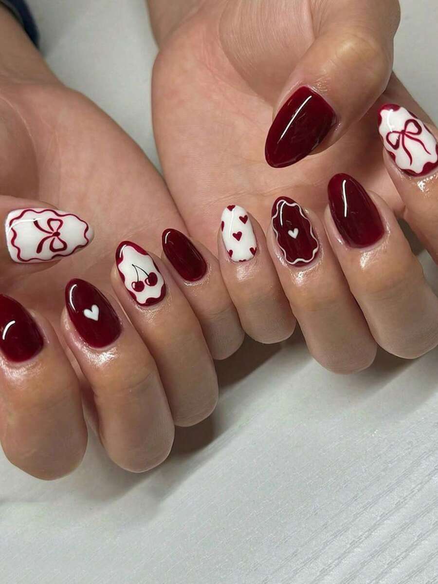 Bộ 24 móng giả acrylic kiểu Pháp hình oval ngắn, nơ, trái tim và quả anh đào, bao gồm 1 gel dẻo và 1 dũa móng, sáng bóng và đẹp mắt cho ngày Valentine và màu đỏ tía, phù hợp cho phụ nữ và các cô gái sử dụng hàng ngày đi làm và dự tiệc. - Màu Đỏ Sâu - Xem 1