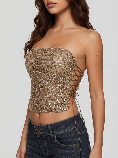 Sedessea 复古 Y2K 闪光钩针系带修身音乐节派对度假女式背心