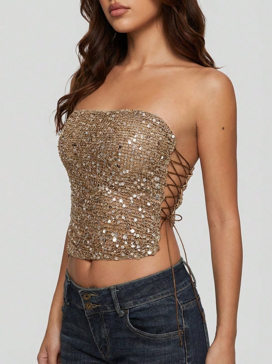 Sedessea 复古 Y2K 闪光钩针系带修身音乐节派对度假女式背心 - 棕色 - 查看 1