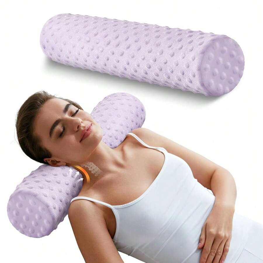Memory Foam Round Pillow, Cervical Neck Pillow For Pain Relief, Cylinder Pillows 18\X 4\, Removable Cover, Neck Roll Pillow For Sleeping, Velvet Dots, Purple - Màu tím - Xem 1