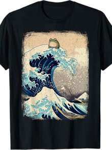 Camiseta T-Shirt Unissex Estilo Estampada Masculino e Feminina Grandes Ondas com Sapo em Cima Engraçado Camisa Style Estilosa 100% Algodão Promoção Frete Grátis Rápido - Preto - Visão 1