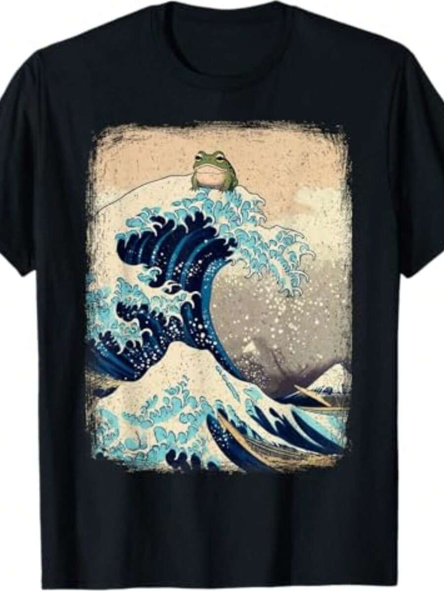 Camiseta T-Shirt Unissex Estilo Estampada Masculino e Feminina Grandes Ondas com Sapo em Cima Engraçado Camisa Style Estilosa 100% Algodão Promoção Frete Grátis Rápido - Preto - Visão 1