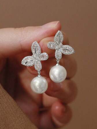 1 Pair Elegant Cubic Zirconia & Faux Pearl Teardrop Earrings, Suitable For Women As Valentine's Day Gift, Wedding Anniversary Or Party Accessory