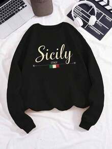 Italy Sicily With Italian Flag Symbols Women's Fashion Sweatshirts-Unisex Vintage Cotton Tee Black White - Loose Fit For American Music Festival Camping & ShowsFall Women's SweatshirtLoose Women's Sweatshirt For Daily Use - 黑色 - 查看 12
