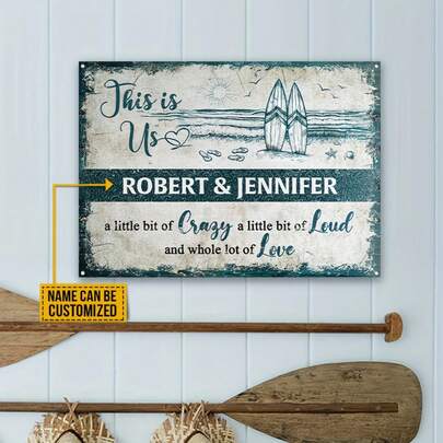 Personalized Surfing Love Metal Sign, Custom Name Robert & Jennifer, Iron Wall Decor With Multi-Function Hanger, Home Decoration With English Text