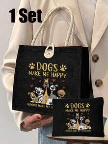 Cute Puppy Themed Printed Linen Handbag With Button Closure And Sporty Style Design, Featuring A Puppy And "Dogs Make Me Happy". Sacred, Warm, Festive Household Items - Multicolor - View 2