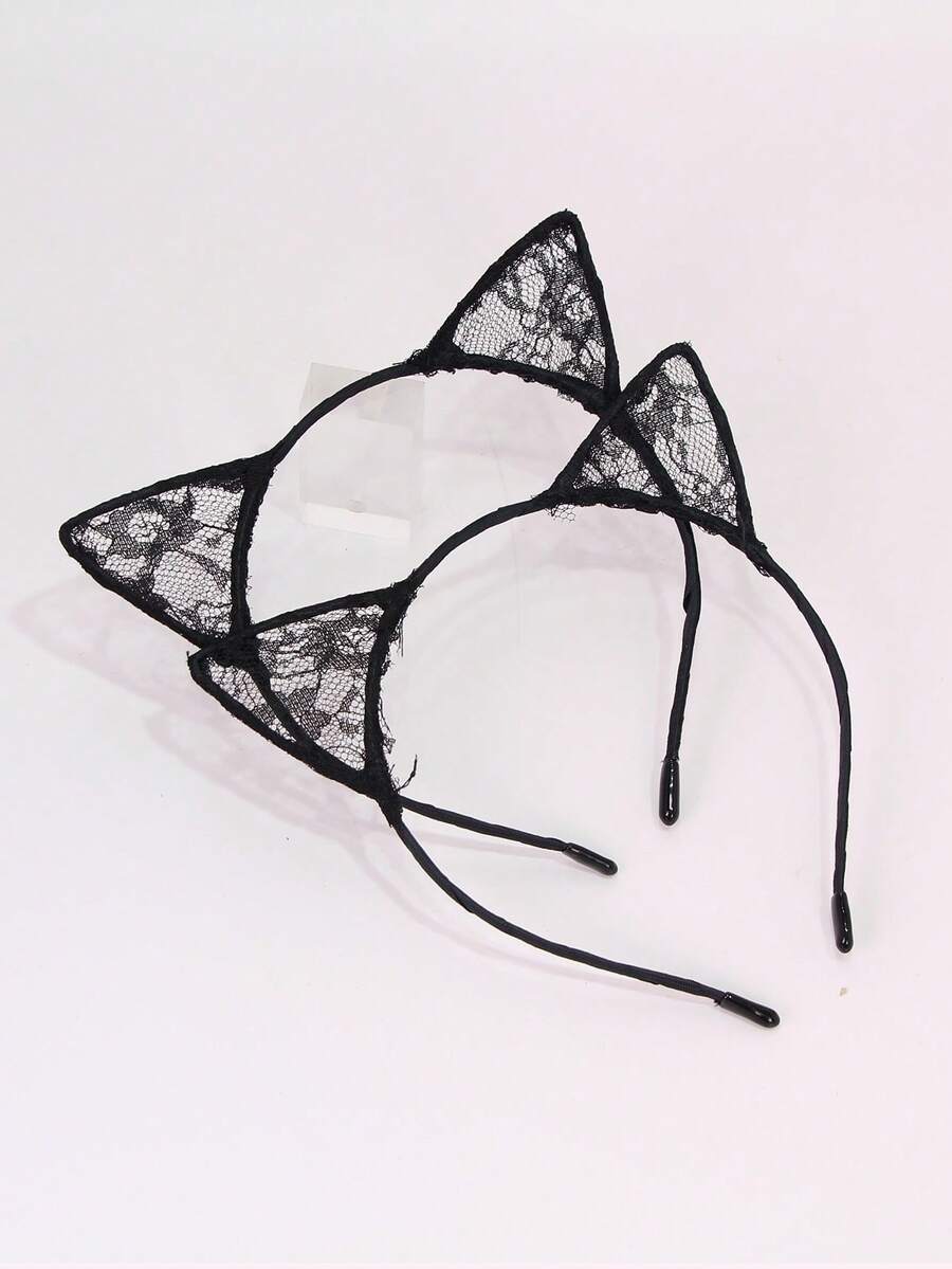 2pcs Lace Cat Ear Headband, Cute & Sexy Cat Ear Shaped Headpiece For Parties, Cosplay - Black - View 1