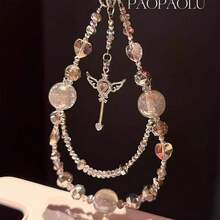 1pc Crystal Beaded Phone Wrist Strap With Tether Tab Cute Phone Bracelet Strap For Women Blingbling Sparkling Cell Phones Wrist Straps Beaded - Multicolor - View 8