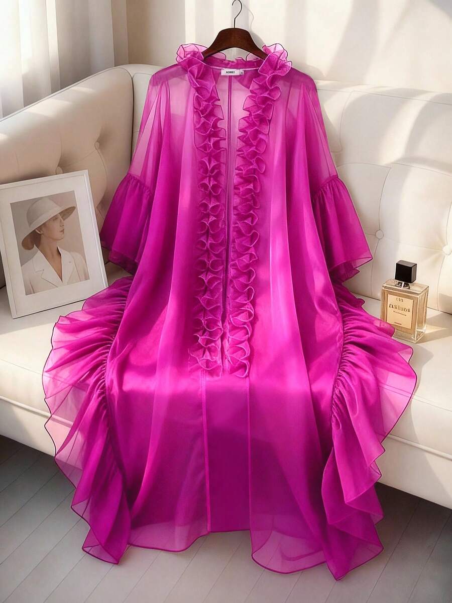 女士轻薄柔软宽松非洲风情和服连衣裙,饰有荷叶边和喇叭袖,开襟设计,优雅大方,适合春季正式场合。 - 中紫紅色 - 查看 1
