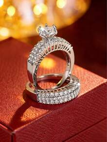 1pc Elegant Fashion Engagement Ring With Main Stone And Pave Diamond Design, Suitable For Couples Wear - Ring - View 11