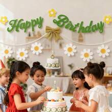 Kids Boys Girls Daisy Floral Green White Flower Leaf Cake Birthday Party Backdrop Wall Hanging Banner - Multicolor - View 8