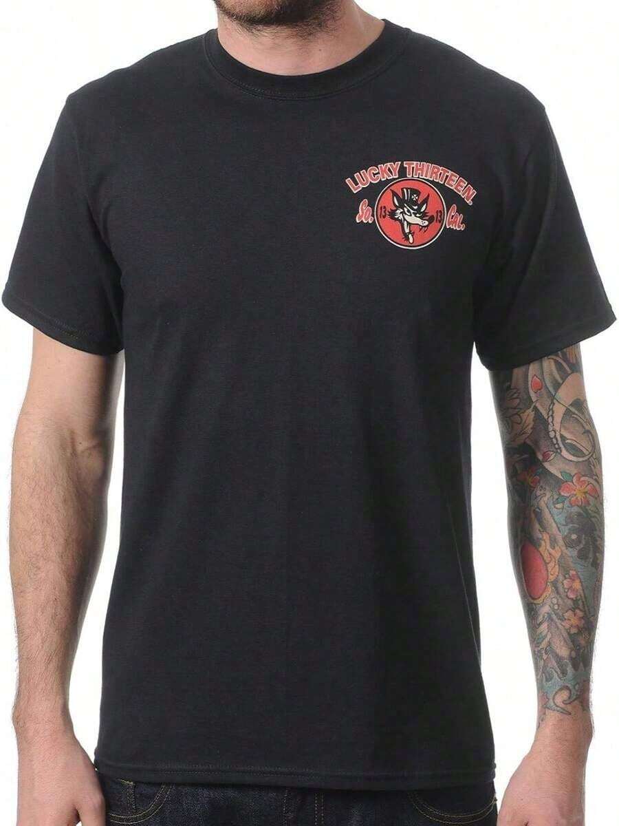 Camiseta negra del lobo solitario del sombrero de la Copa del Club de la suerte 13 de los hombres - Negro - Ver 1