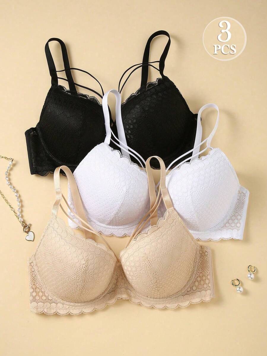 mimilemon 3pcs Plus Size Lace Bras, Comfortable Underwire Bras For Women