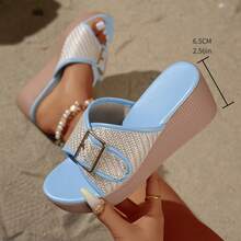 Damen Mode 2026 Sommer Boho Keilabsatz Plateau Runde Zehenkappe mit Metallschnalle Slip-On Braun & Hellblau Lässig Sandalen, geeignet für Zuhause, Strand, Urlaub und Alltag - Babyblau - Übersicht 15