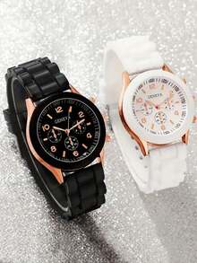 2pcs/Set Minimalist Casual Women's Quartz Watch, Fashion Gold Accessory Set (Includes Black & White Rubber Strap And Rose Gold Decorated Chronograph Dial Quartz Watch), Featuring Black & White Rubber Strap, Rose Gold Decorated Details And Chronograph Dial. Minimalist And Versatile Style Suitable For Various Outfits. - Multicolor - View 4