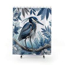 威廉·莫里斯风格蓝鹭印花海岸风情浴帘，浴室装饰配件 - 彩色 - 查看 4