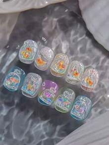 1片新款果冻贝壳美人鱼和海星可爱韩版美甲贴纸，美甲贴片，美甲配件，美甲装饰 - 彩色 - 查看 2
