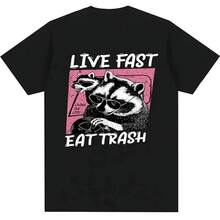 2026 Camiseta de Hombre Elegante Vive Rápido Come Basura, Camiseta de Mapache de Dibujos Animados Divertida, Camisas para Mujeres, Camiseta Casual Unisex - Negro - Ver 11
