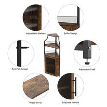 Gabinete de Vinos de Esquina de 5 Niveles Estilo Industrial, con Soporte para Copas de Vino y Estantes Ajustables, Gabinete de Almacenamiento de Licores con Puerta de Rejilla y Deflector, Bar de Hogar, Color Marrón - Marrón - Ver 4