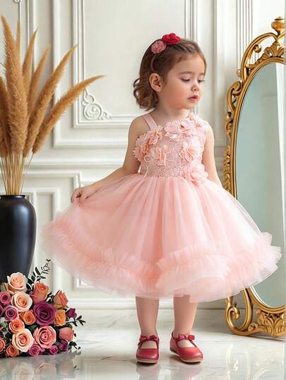 Baby Girls Sleeveless 3D Floral Embroidered Sequin Mesh Cute Wedding Flower Girl Dress, Suitable For Birthday Party, Celebration, Family Gathering, Does Not Include Headband