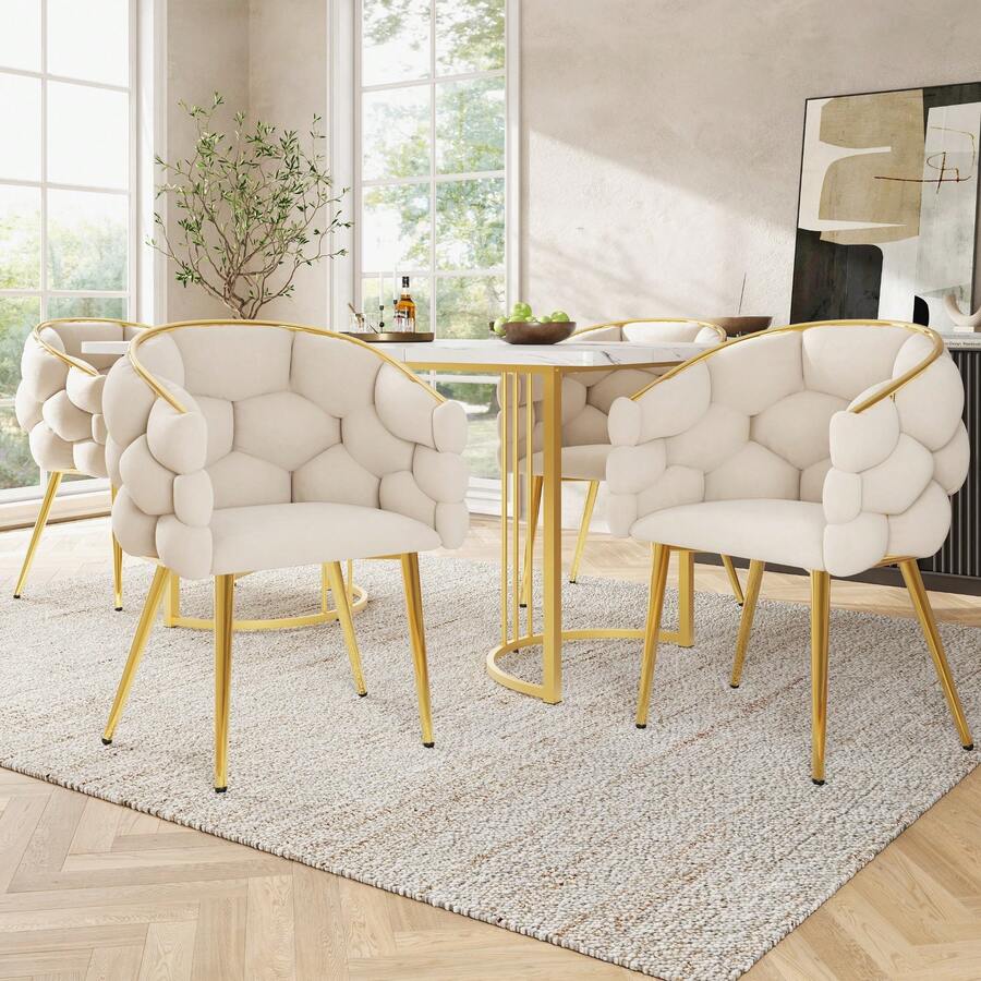 Dining Table Set (5 Pieces) 140 X 80 Cm Dining Table With 4 Chairs, Dining Table With Gold Metal Legs, Modern Marble Pattern - White - View 1