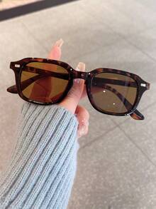 1 par de gafas de moda con marco rectangular de PC con estampado de leopardo, remaches retro y personalizado para hombres - Estampado de leopardo - Ver 2