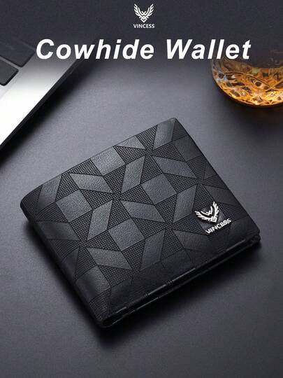  VINCESS Men's Genuine Leather Business Wallet, Made Of High-Quality Cowhide, Fashionable Geometric Pattern Design. With Multiple Card Slots And Transparent ID Window, Suitable For Daily Use. A Perfect Gift For Men.