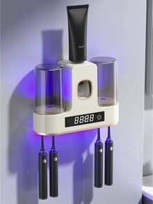 1 Set Esterilizador de cepillo de dientes UV automático inteligente y dispensador de pasta de dientes, soporte de cepillo de dientes montado en la pared con carga USB, limpiador sanitizante de 4 ranuras para uso familiar, sanitizador de cepillo de dientes con exprimidor de pasta de dientes, secador de cepillo de dientes, accesorios de baño para organizadores y almacenamiento de baño - Multicolor - Ver 14
