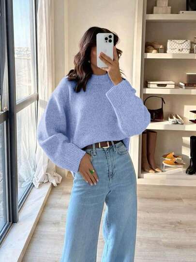 Grey Crew Neck Casual Knit Sweater For Women