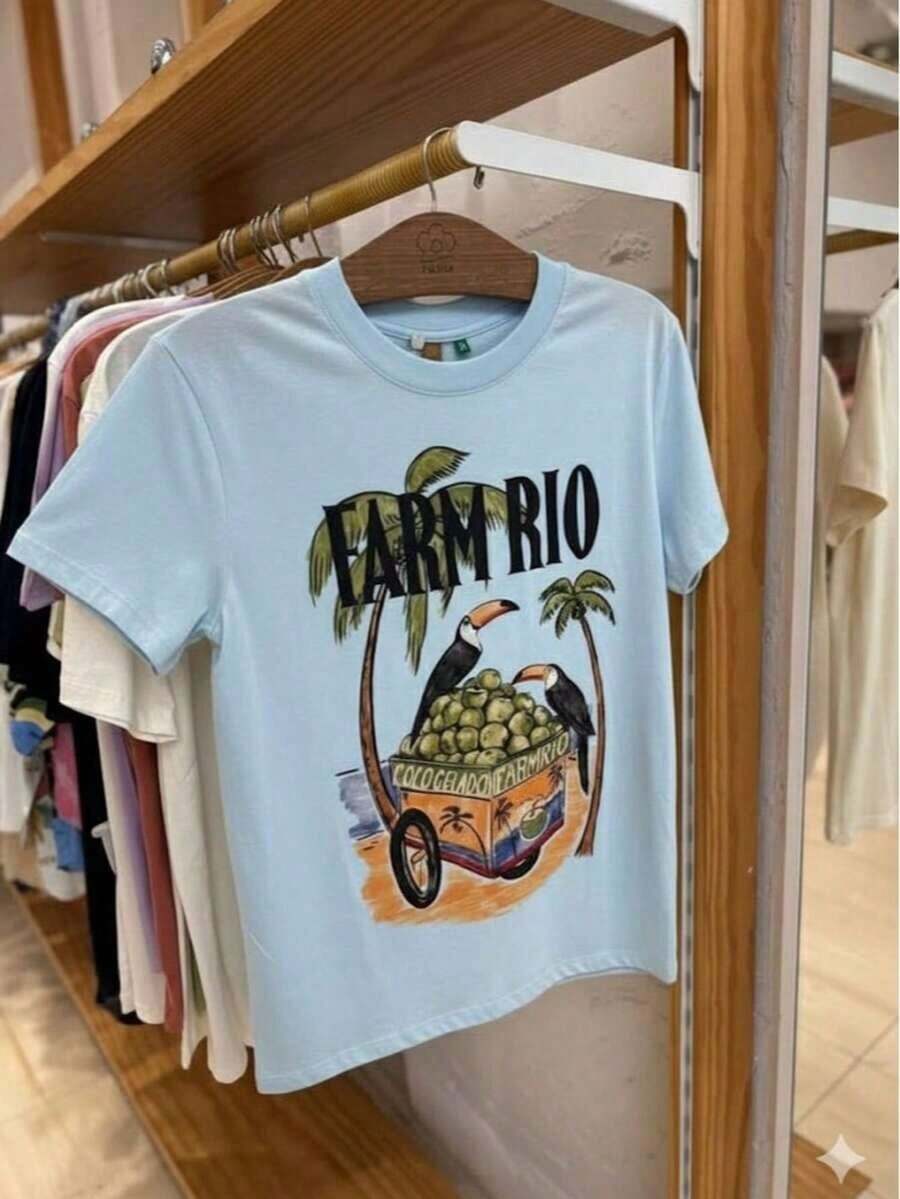 Casual Chic Tropical Print T-Shirt, Premium Knit Fabric, Immediate Shipping - 淺藍色 - 查看 1