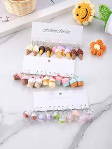 5对逼真水果主题耳环套装 - 3D巧克力、珍珠奶茶、蛋糕、披萨、香蕉、橙子、苹果吊坠、纸杯蛋糕、冰淇淋耳环，树脂食物造型首饰，女士礼物 - 彩色 - 查看 8