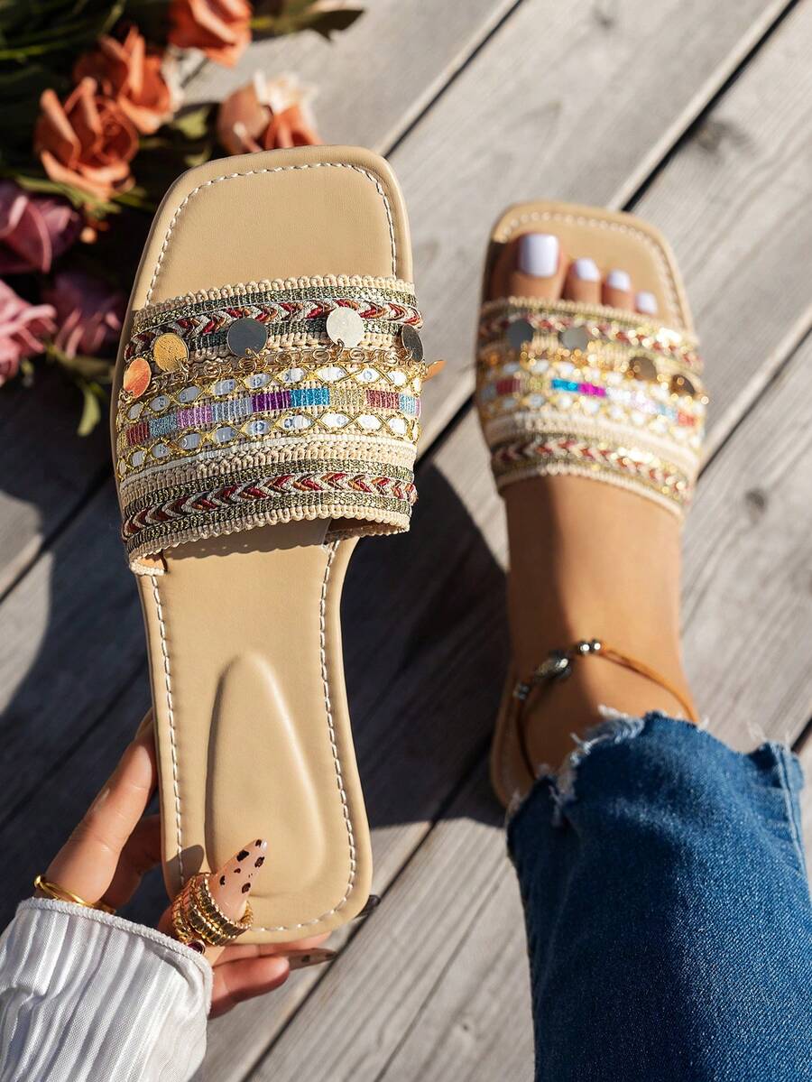WRCVS Dép bệt nữ màu be, dép xăng đan thêu tua rua nhiều màu sắc mùa hè, dép bệt, dép kiểu retro, dép đi biển thời trang gợi cảm có dây xích trang trí. - Màu be - Xem 1
