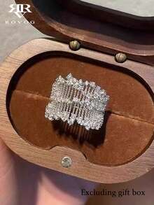 1 chiếc nhẫn đồng đơn cao cấp thiết kế lưới rỗng, bản rộng, khảm đá zirconia tổng hợp siêu sáng bóng, thanh lịch, chắc chắn, nhẹ, có thể điều chỉnh kích thước, dành cho nữ. - Bạc - Xem 2